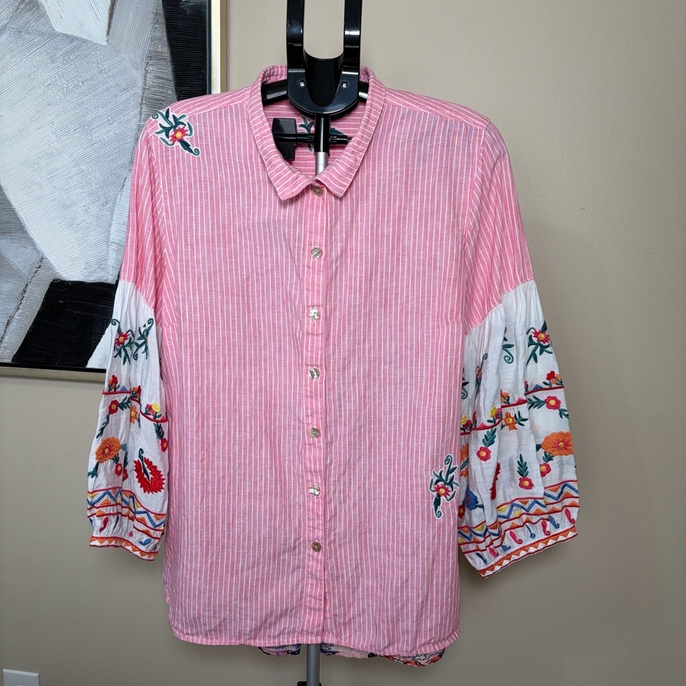 John Mark Linen Front Button Down Bohemian Embroidered Sleeve Shirt Size XL